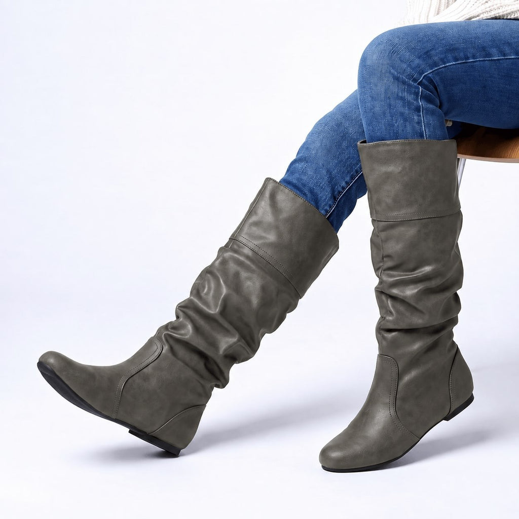 Bottines femme en simili cuir à talon bas, Sous le genou