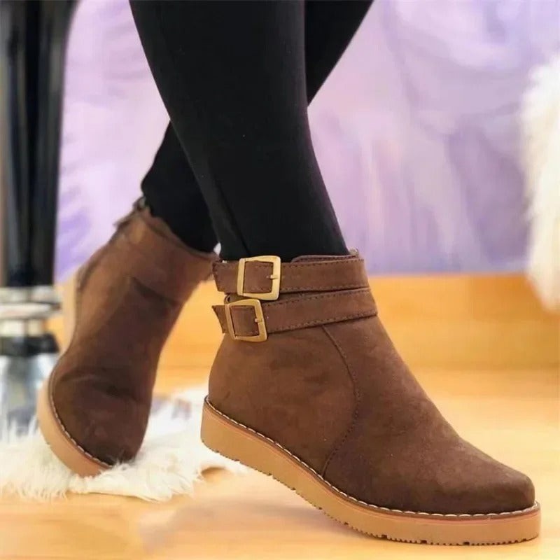 Bottines plates à double boucle et bout rond pour femme, Décontractées