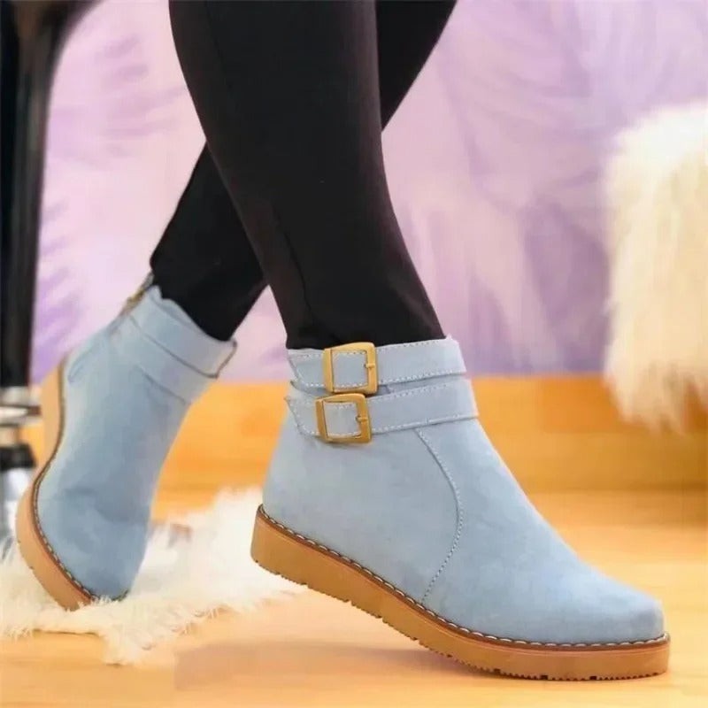 Bottines plates à double boucle et bout rond pour femme, Décontractées