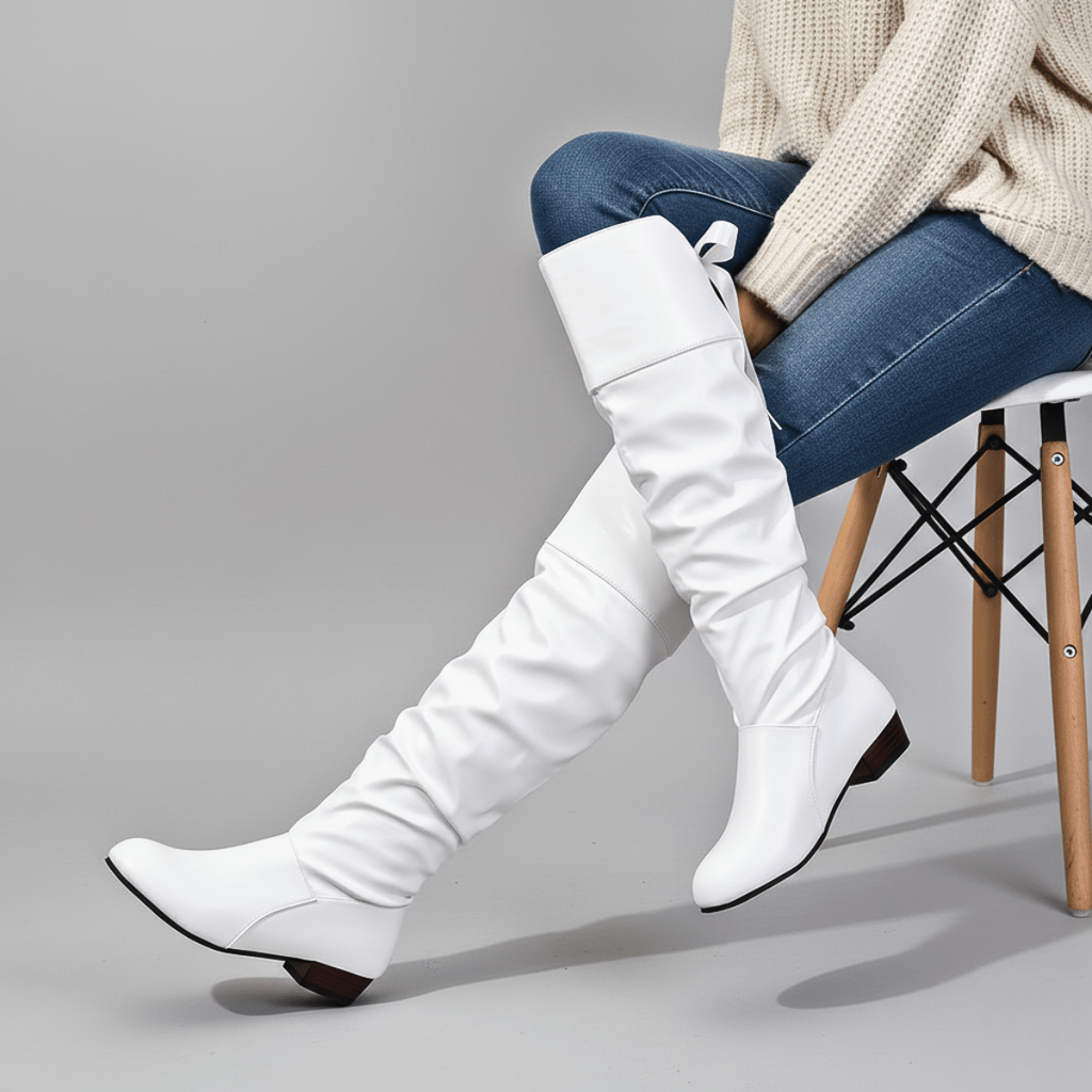 Bottines plates sous le genou en simili cuir pour femme