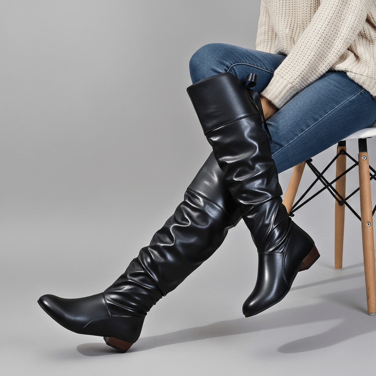Bottines plates sous le genou en simili cuir pour femme