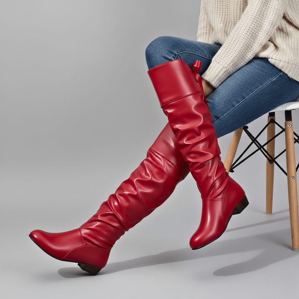 Bottines plates sous le genou en simili cuir pour femme
