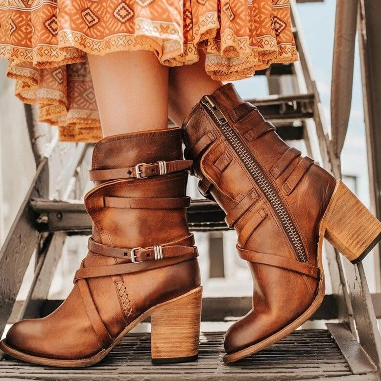 Bottines vintage en cuir marron à talon pour femme