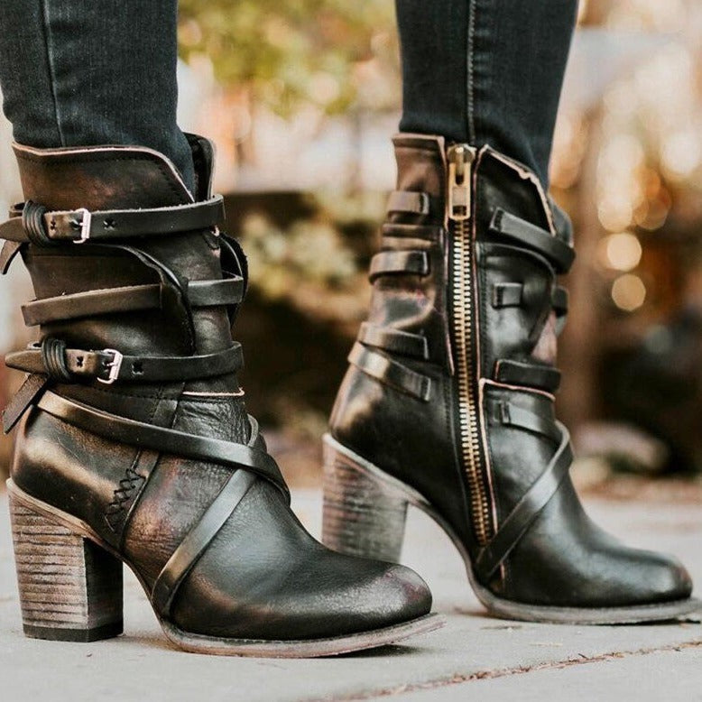Bottines vintage en cuir marron à talon pour femme