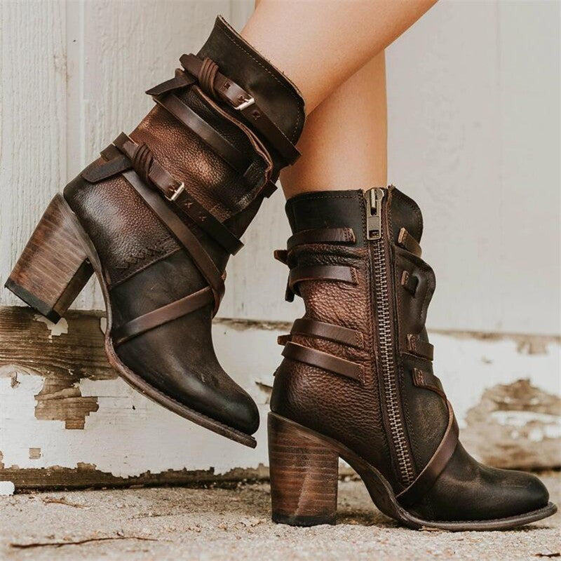 Bottines vintage en cuir marron à talon pour femme