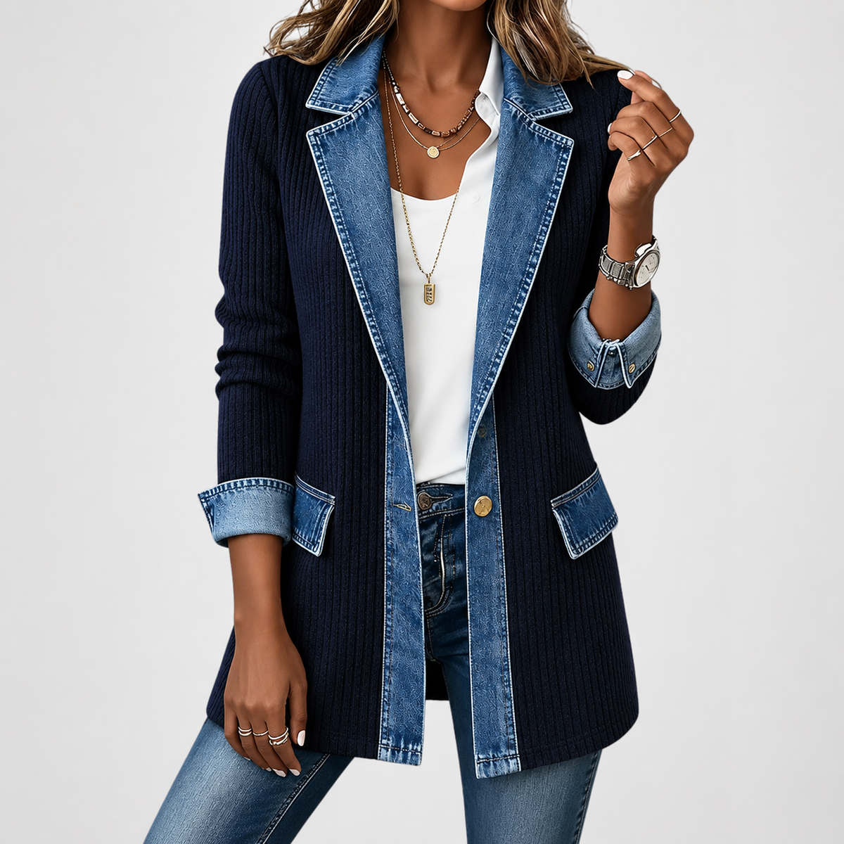 Simona | Veste en tricot et denim