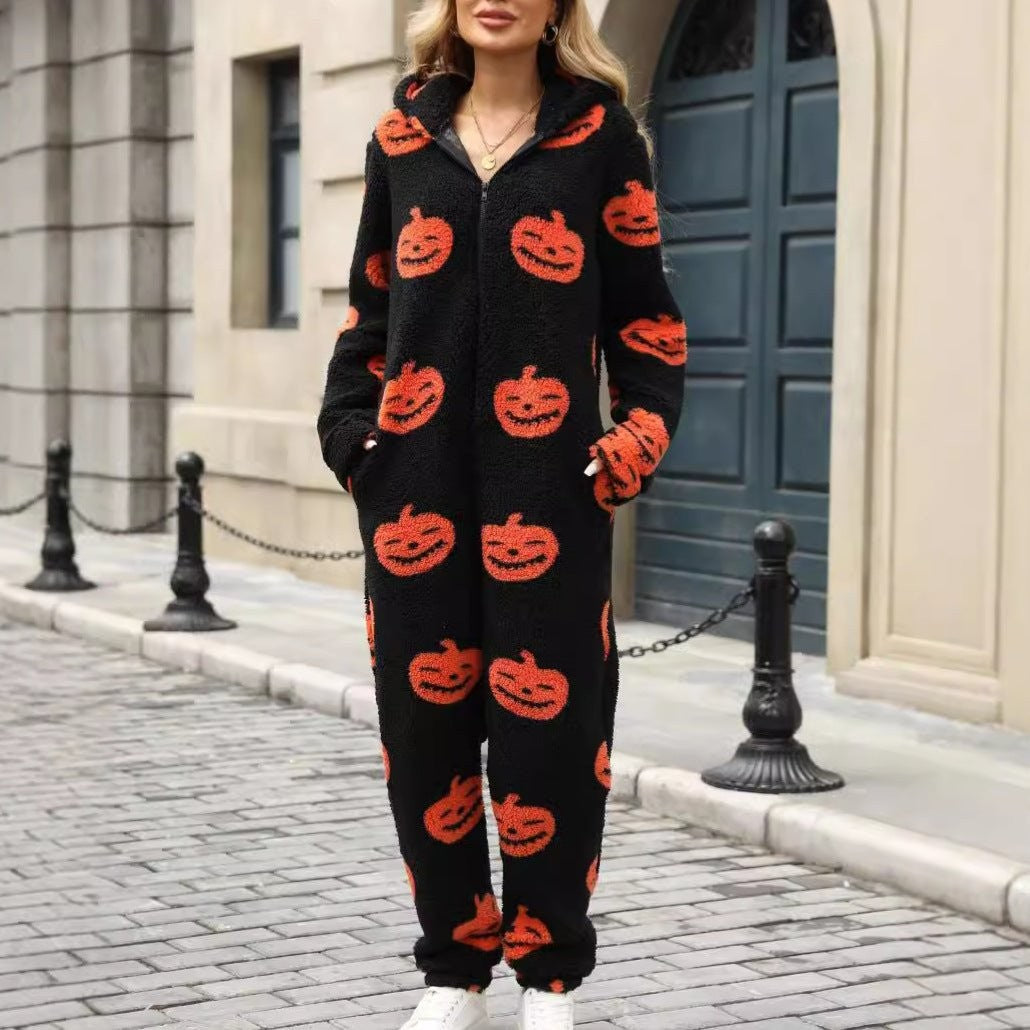 Combinaison polaire à capuche motif citrouille pour femme, Pyjama polaire d'Halloween