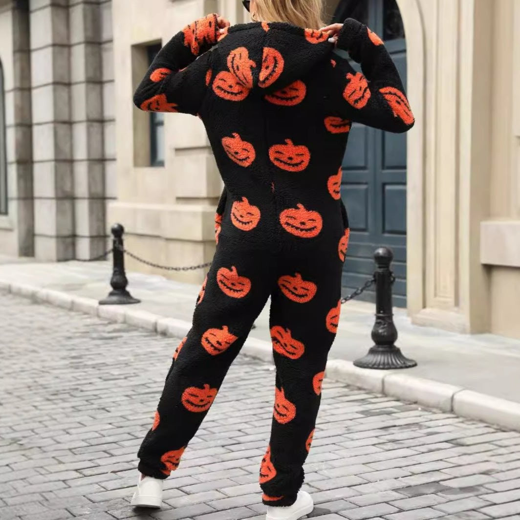 Combinaison polaire à capuche motif citrouille pour femme, Pyjama polaire d'Halloween
