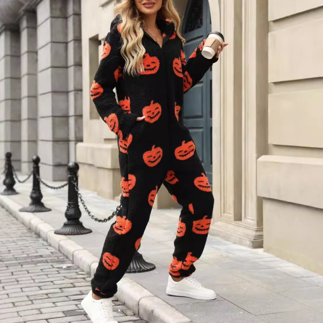 Combinaison polaire à capuche motif citrouille pour femme, Pyjama polaire d'Halloween