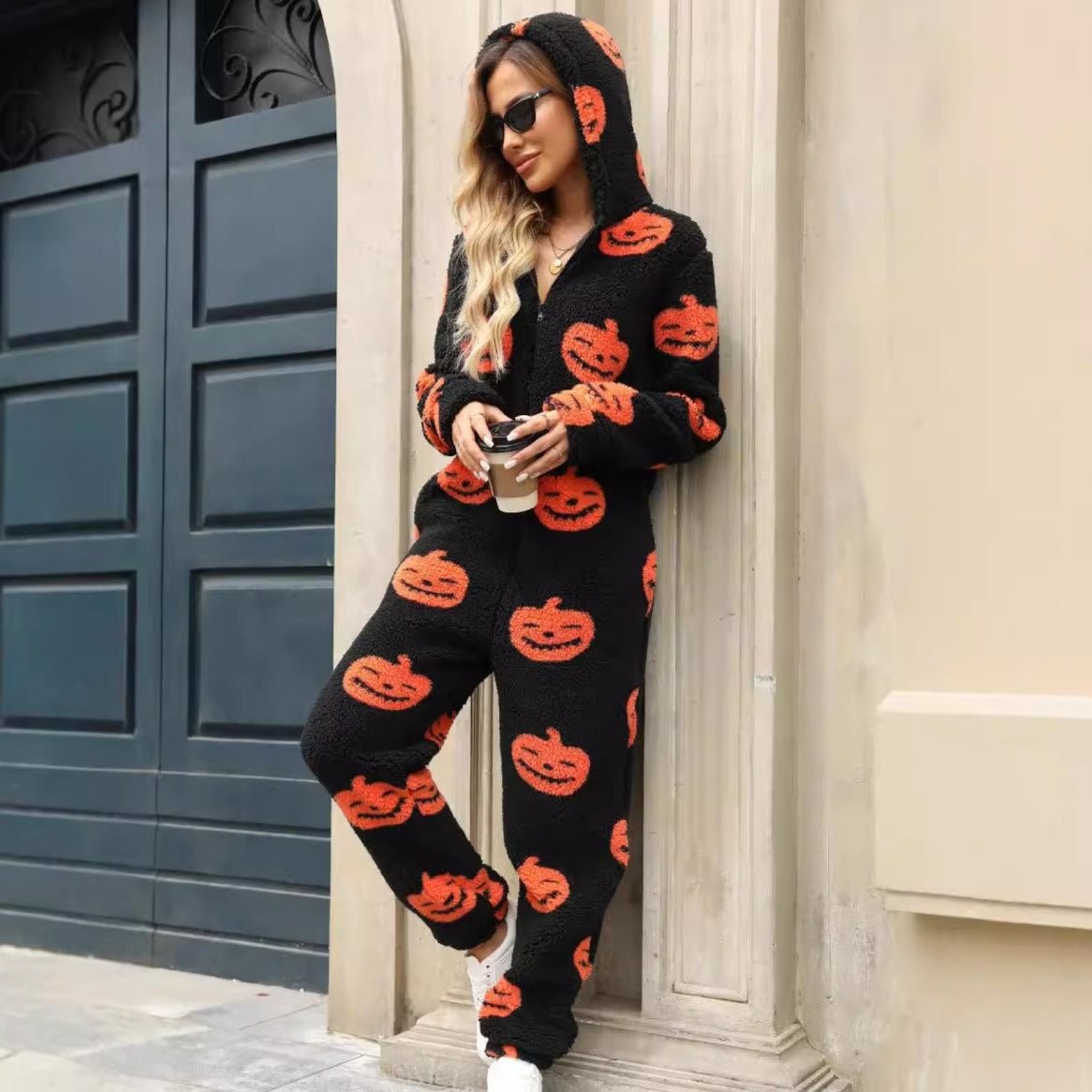 Combinaison polaire à capuche motif citrouille pour femme, Pyjama polaire d'Halloween