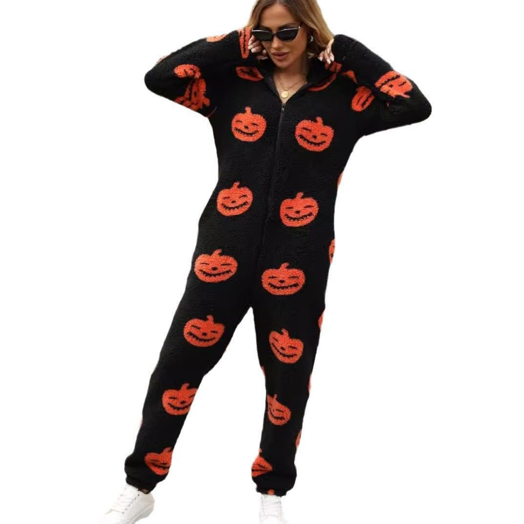 Combinaison polaire à capuche motif citrouille pour femme, Pyjama polaire d'Halloween