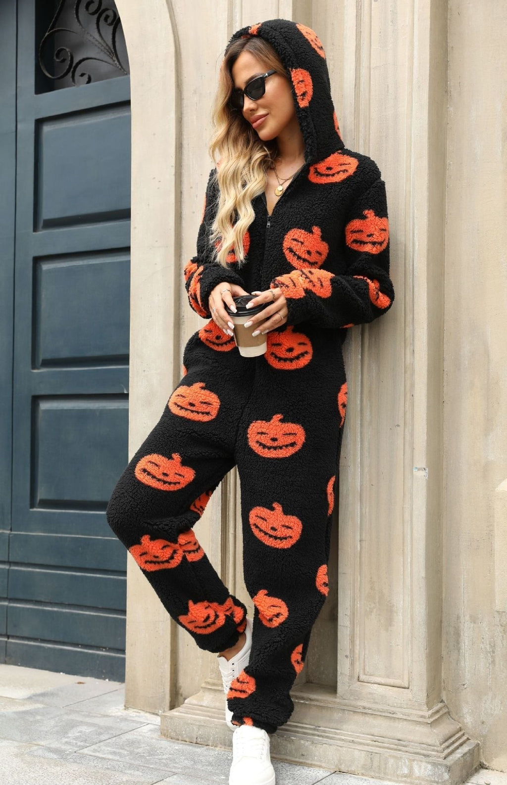 Combinaison polaire à capuche motif citrouille pour femme, Pyjama polaire d'Halloween