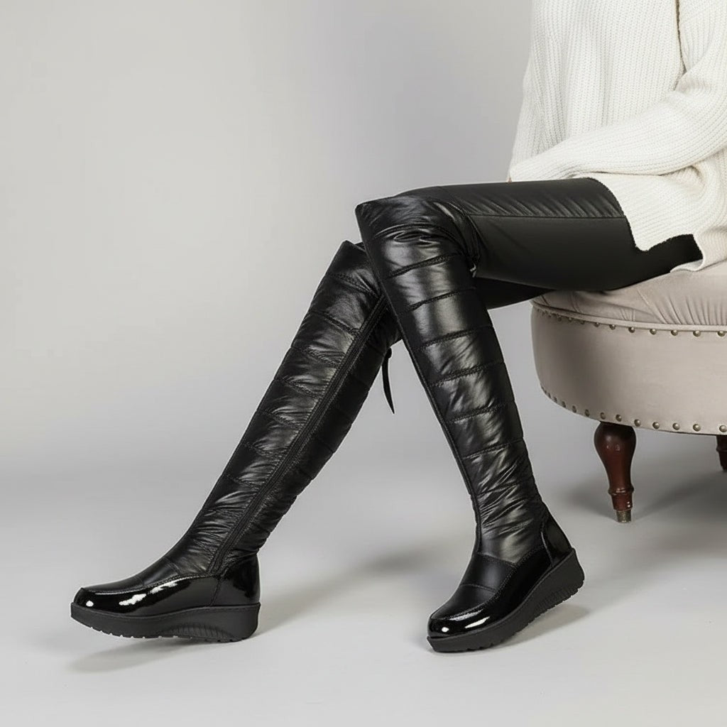 Cuissardes femme noires d'hiver avec nœud, au-dessus du genou