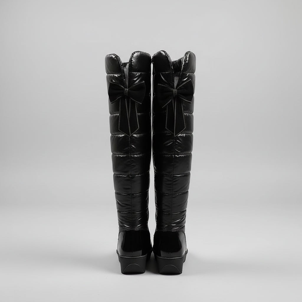 Cuissardes femme noires d'hiver avec nœud, au-dessus du genou