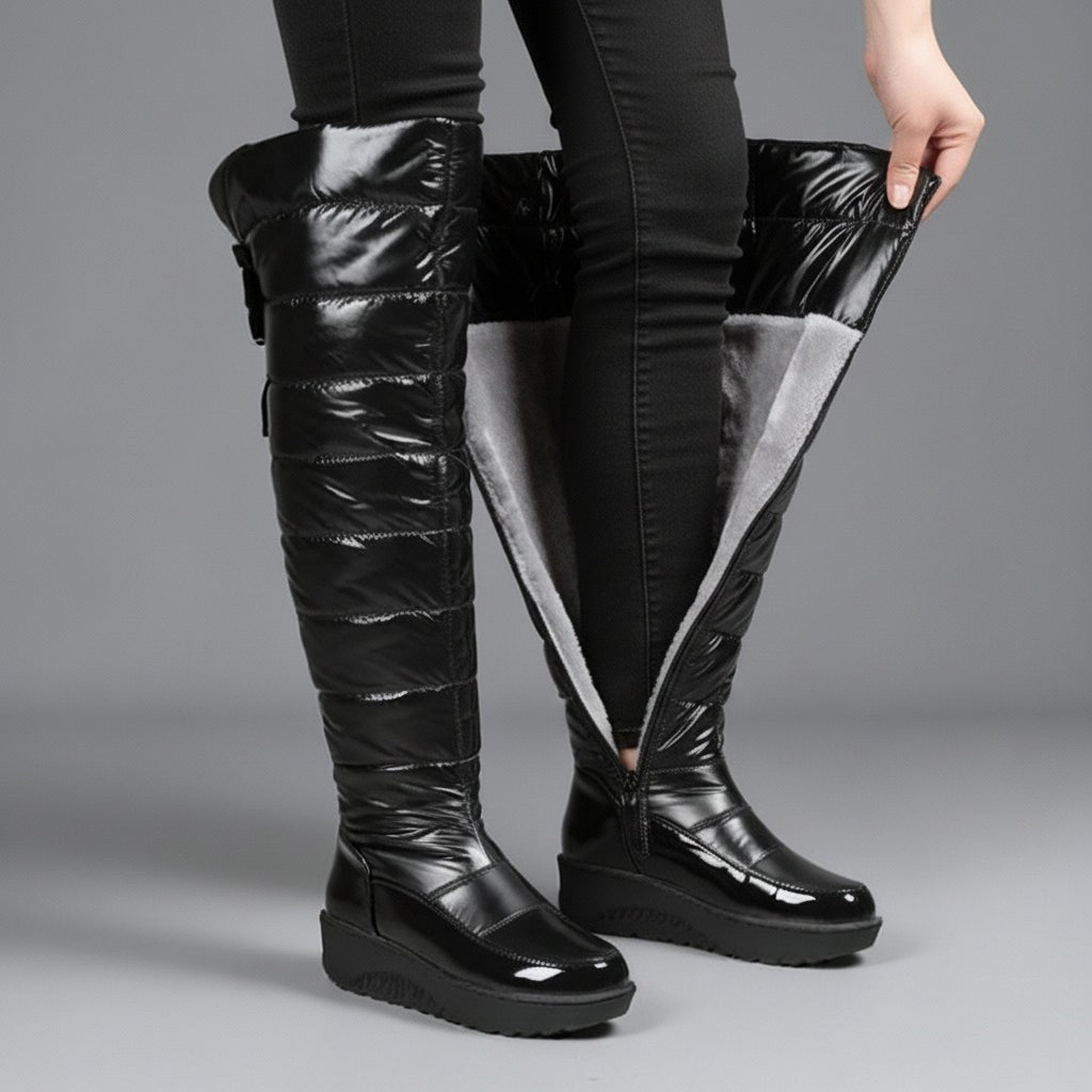 Cuissardes femme noires d'hiver avec nœud, au-dessus du genou