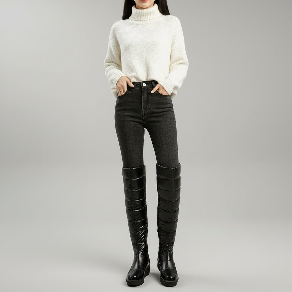Cuissardes femme noires d'hiver avec nœud, au-dessus du genou