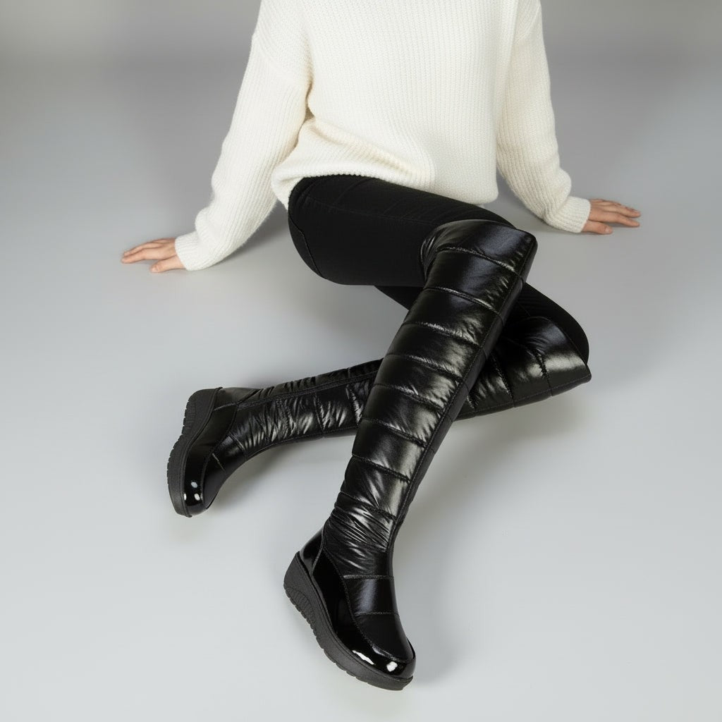 Cuissardes femme noires d'hiver avec nœud, au-dessus du genou