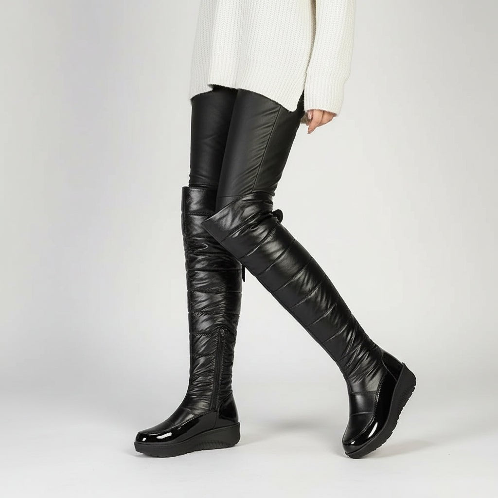 Cuissardes femme noires d'hiver avec nœud, au-dessus du genou