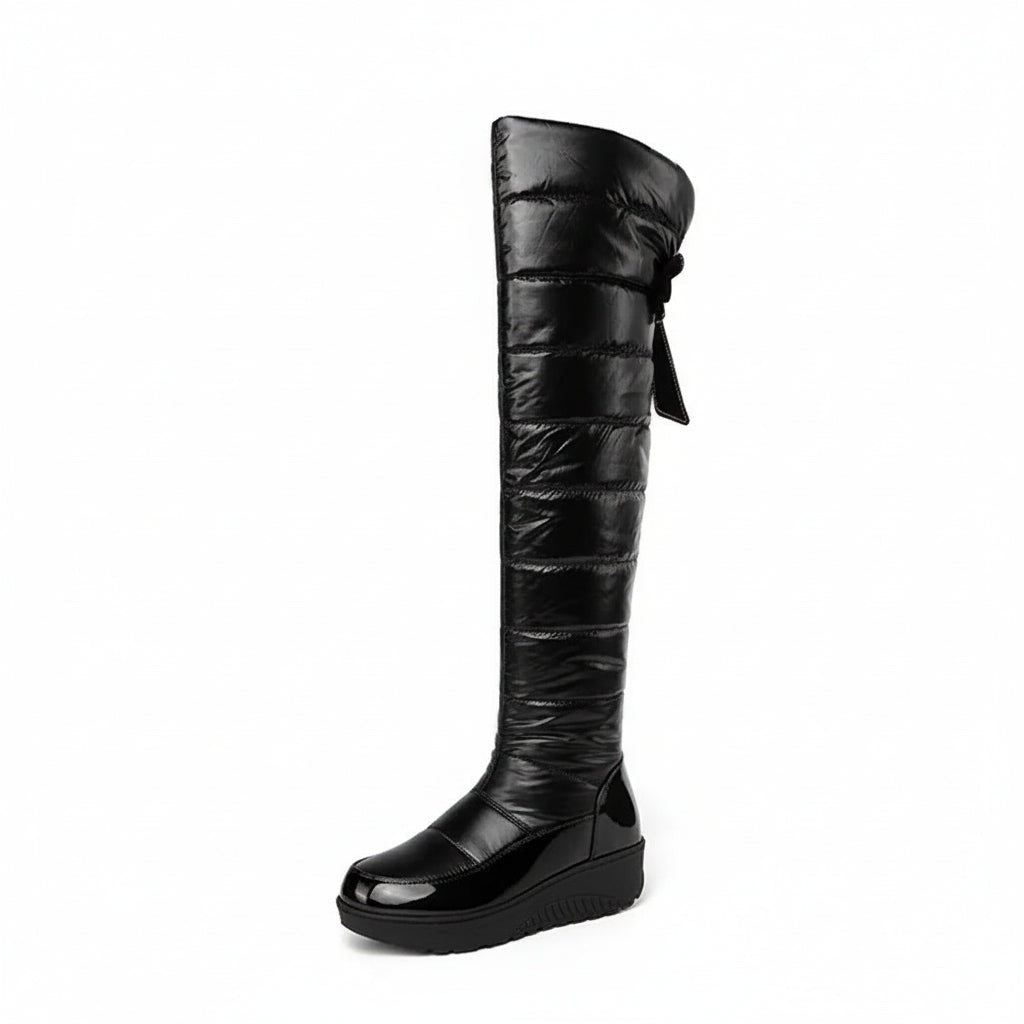 Cuissardes femme noires d'hiver avec nœud, au-dessus du genou