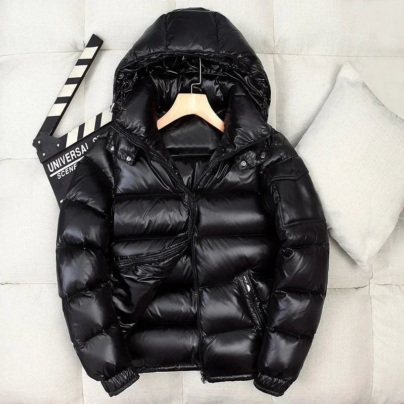Doudoune courte à capuche en duvet pour homme, Veste d'hiver brillante