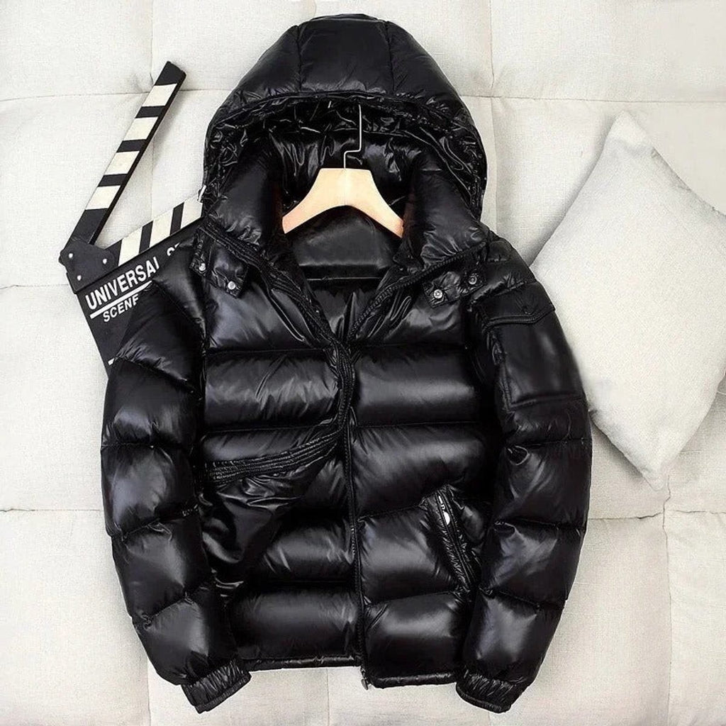 Doudoune en duvet brillante matelassée à capuche pour homme