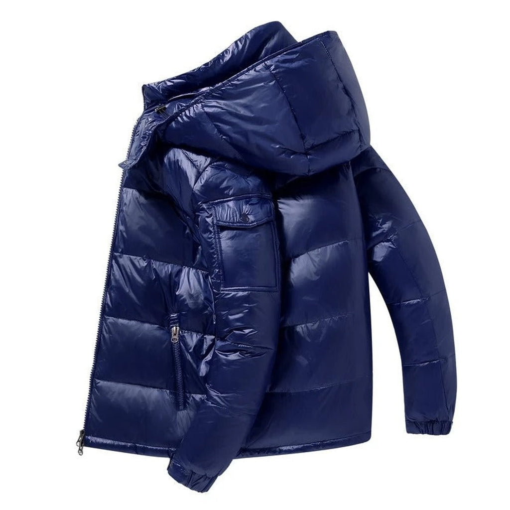 Doudoune en duvet brillante matelassée à capuche pour homme