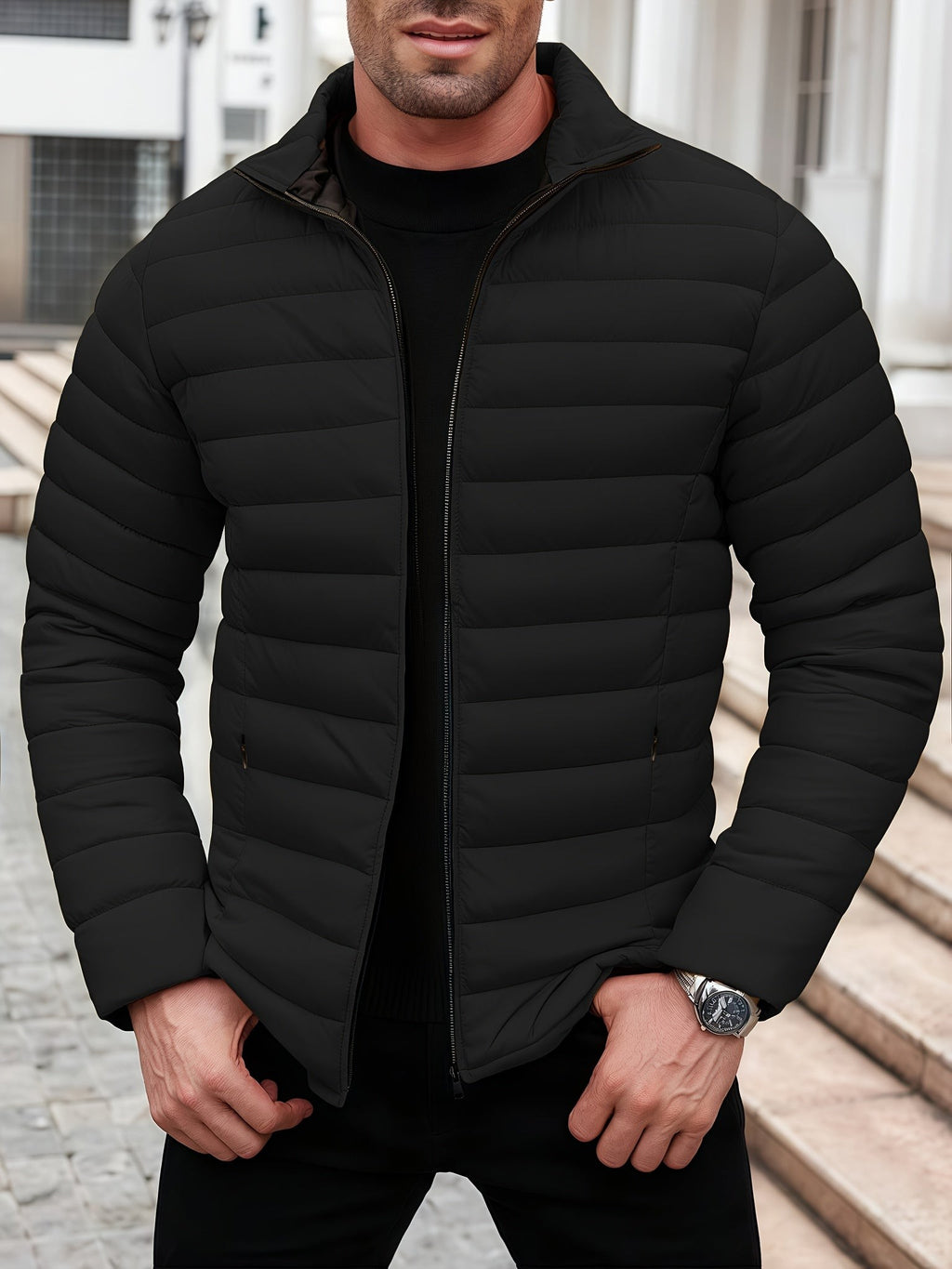 Doudoune homme sans capuche, veste matelassée légère pour l'hiver