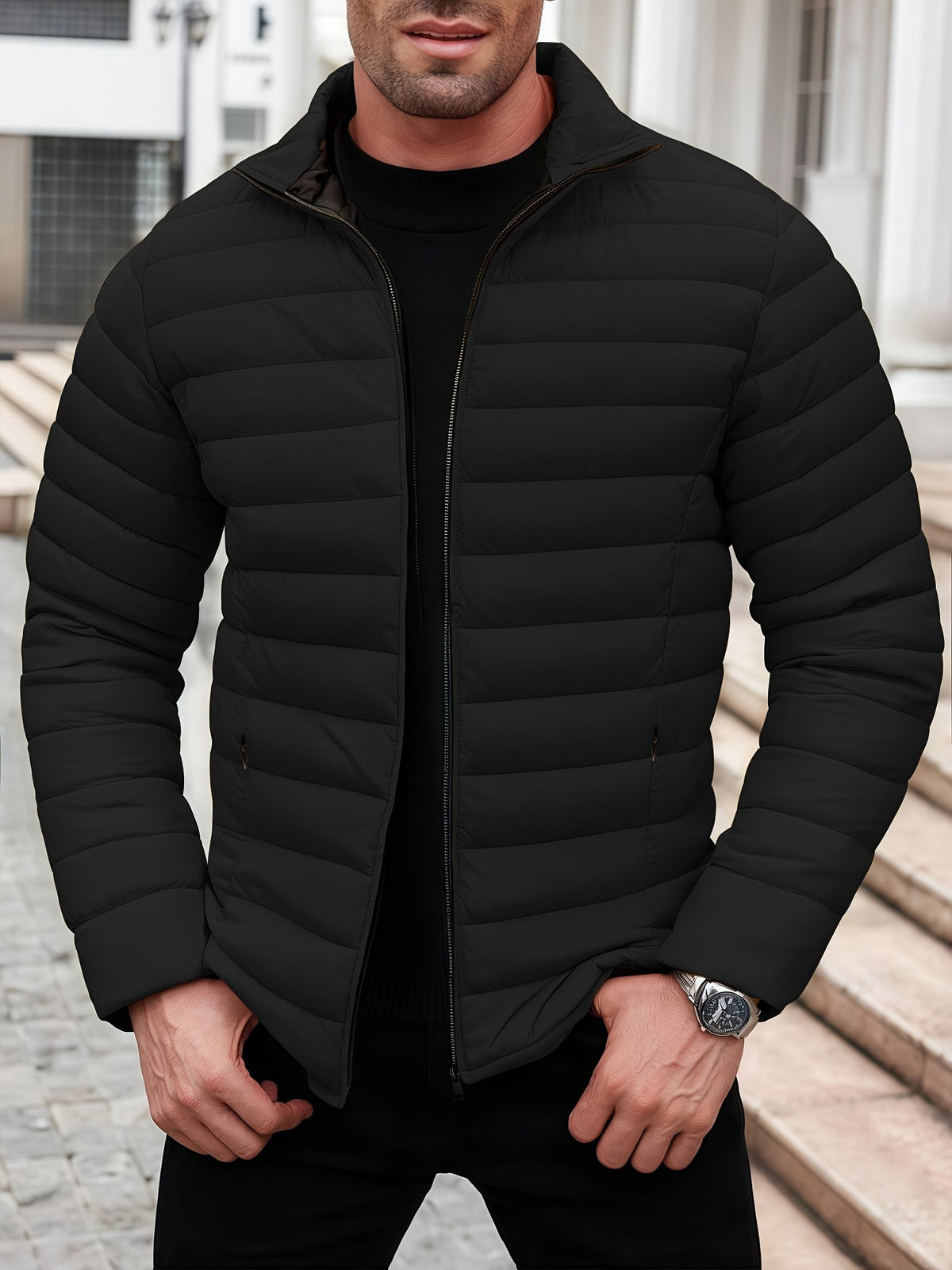 Doudoune homme sans capuche, veste matelassée légère pour l'hiver