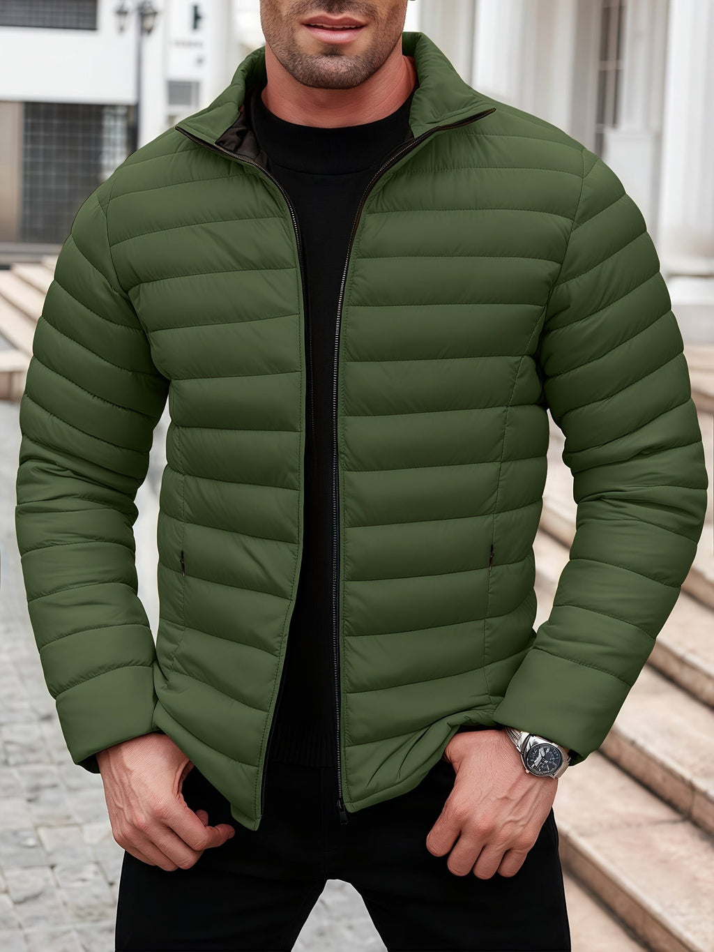 Doudoune homme sans capuche, veste matelassée légère pour l'hiver