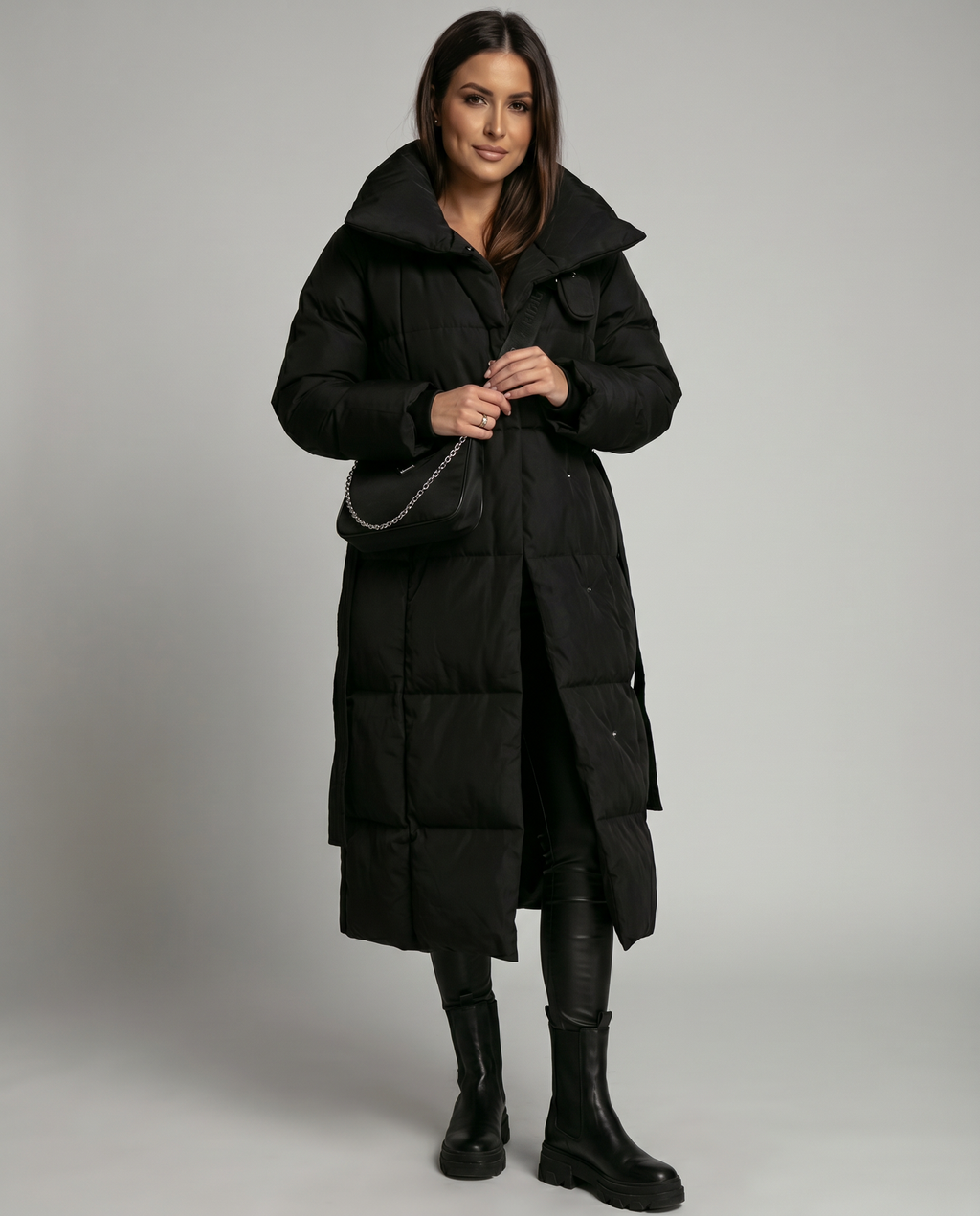 Doudoune longue noire pour femme, coupe élégante