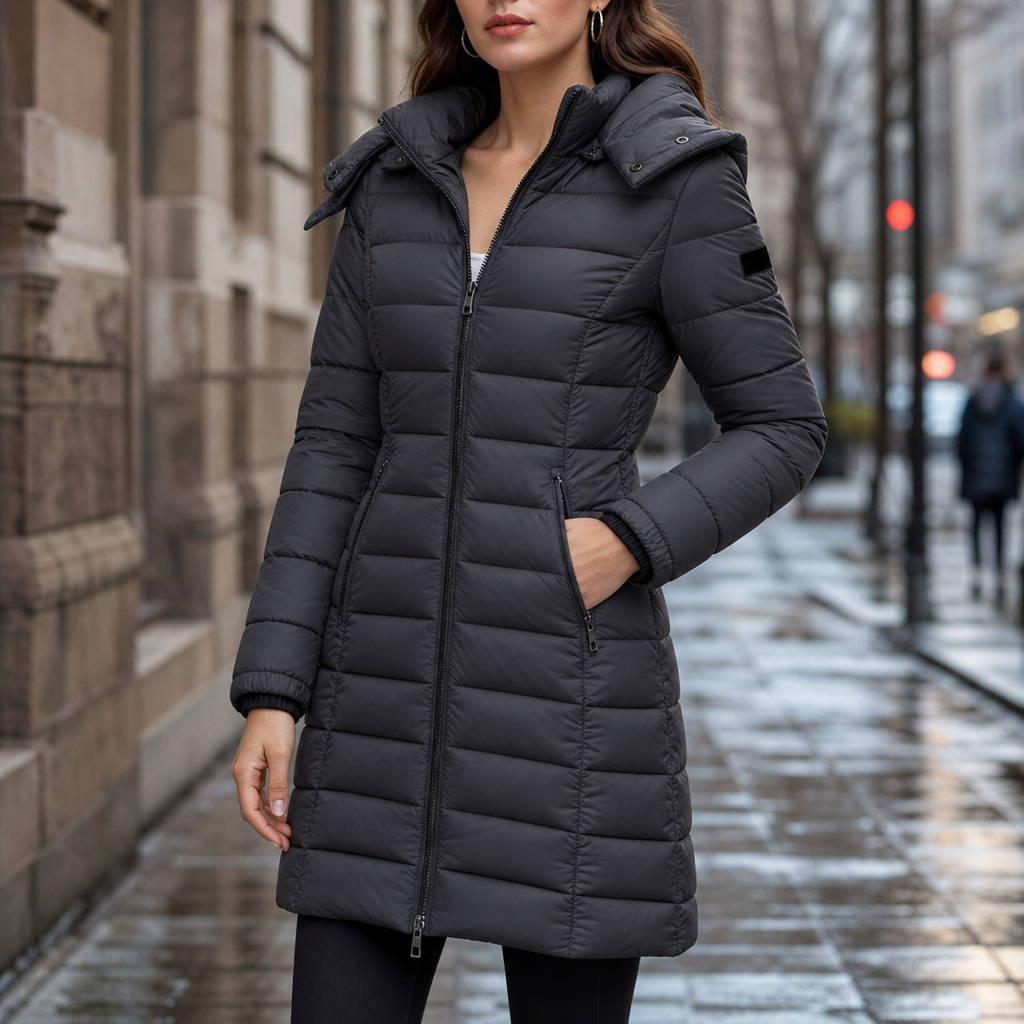 Doudoune mi-longue matelassée à capuche pour femme, Veste longue élégante et chaude