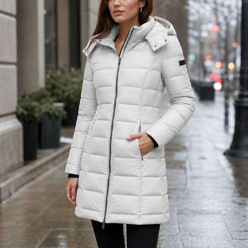 Doudoune mi-longue matelassée à capuche pour femme, Veste longue élégante et chaude