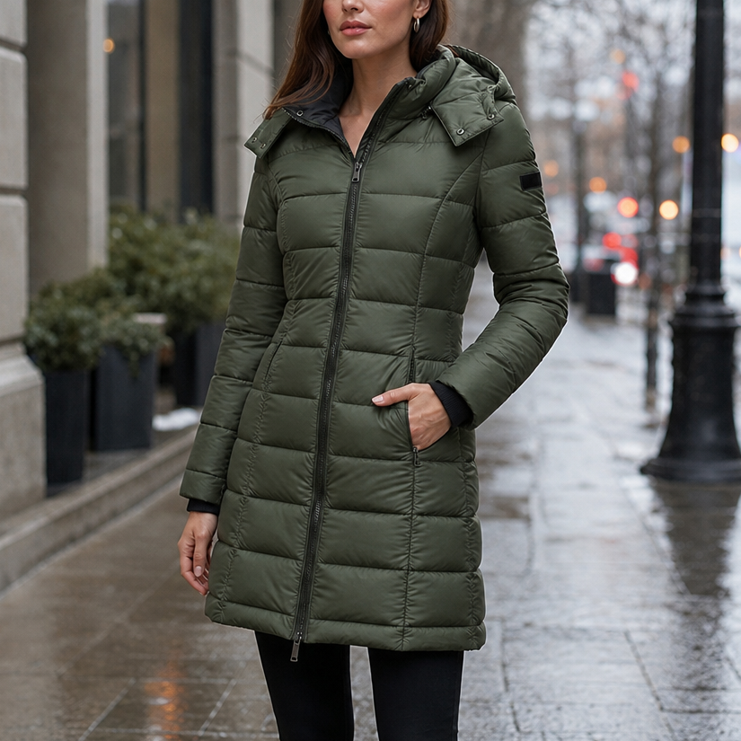 Doudoune mi-longue matelassée à capuche pour femme, Veste longue élégante et chaude
