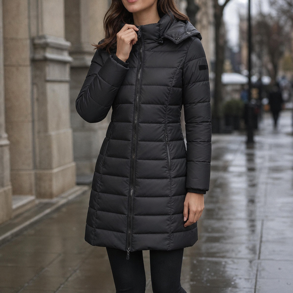 Doudoune mi-longue matelassée à capuche pour femme, Veste longue élégante et chaude