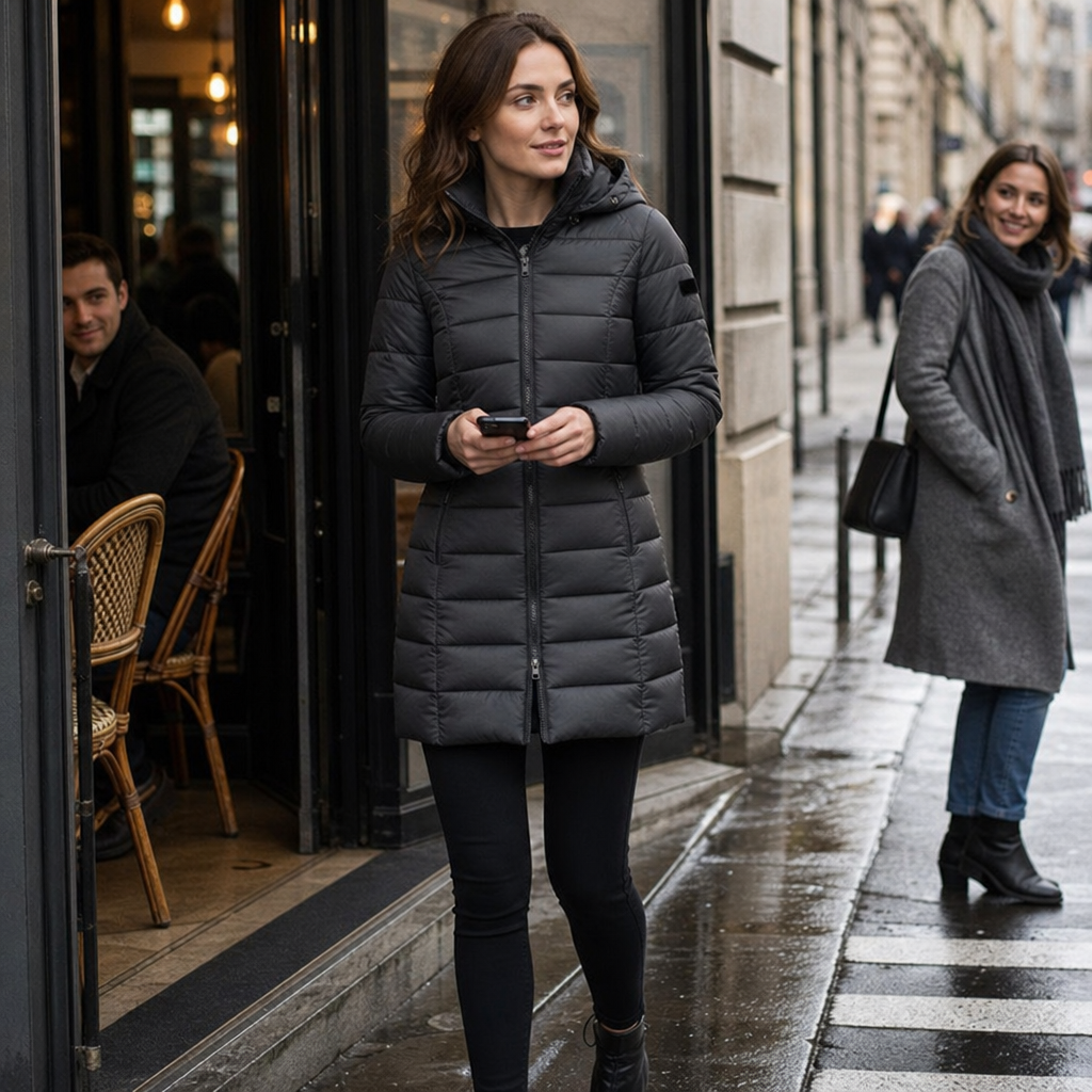 Doudoune mi-longue matelassée à capuche pour femme, Veste longue élégante et chaude