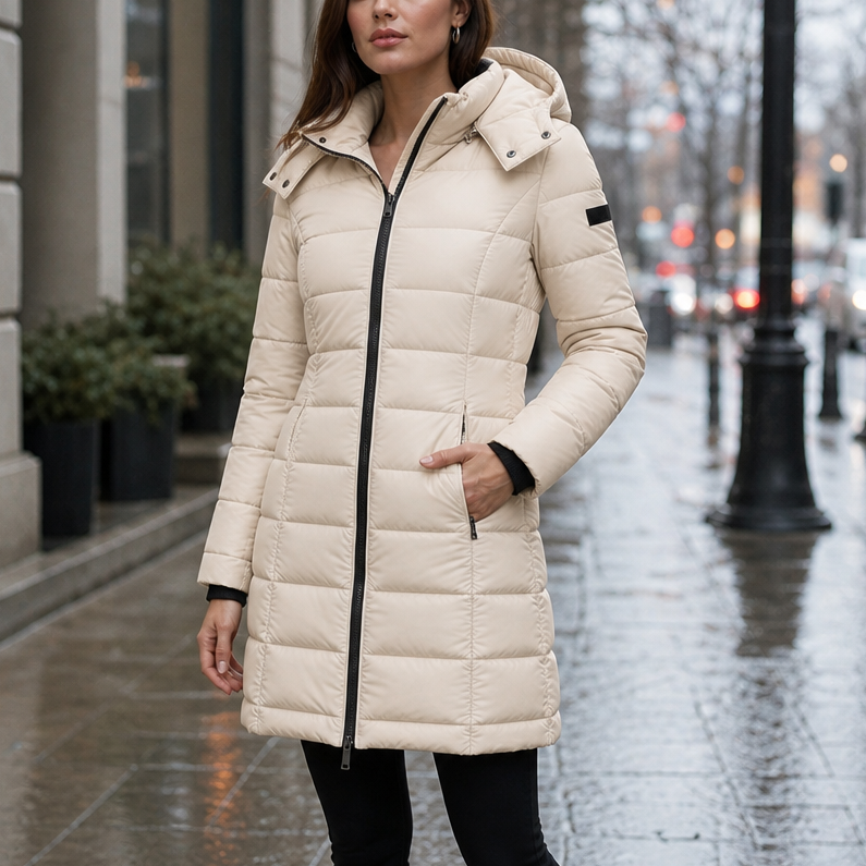 Doudoune mi-longue matelassée à capuche pour femme, Veste longue élégante et chaude