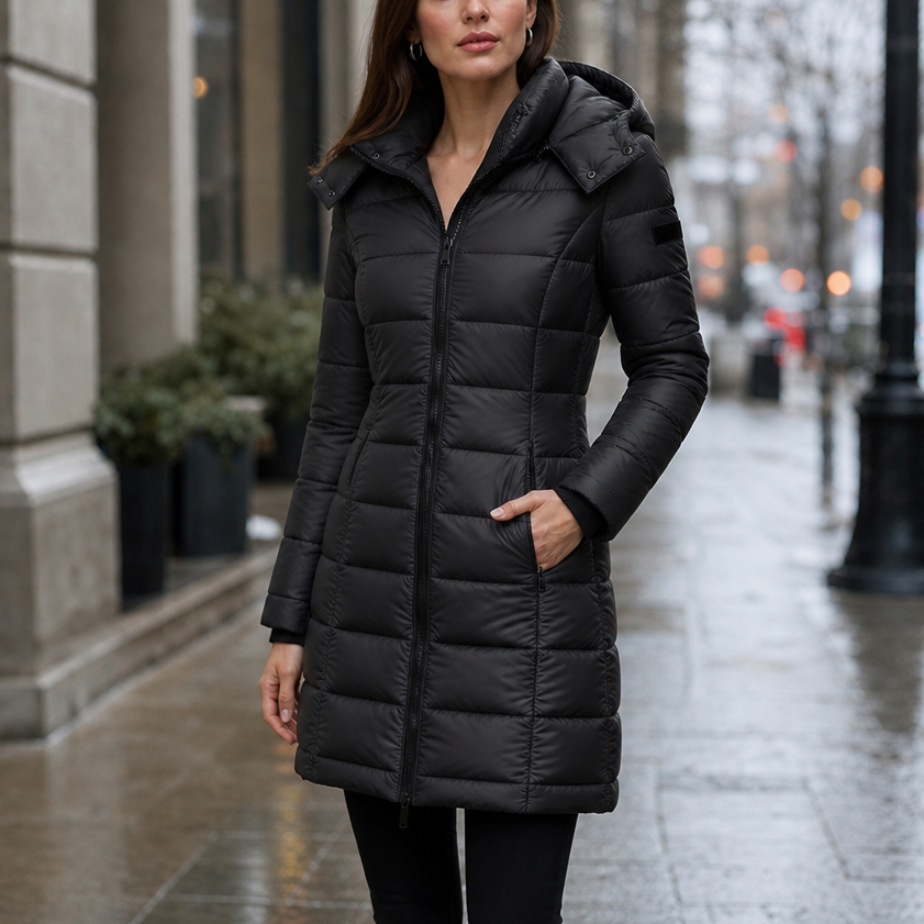 Doudoune mi-longue matelassée à capuche pour femme, Veste longue élégante et chaude