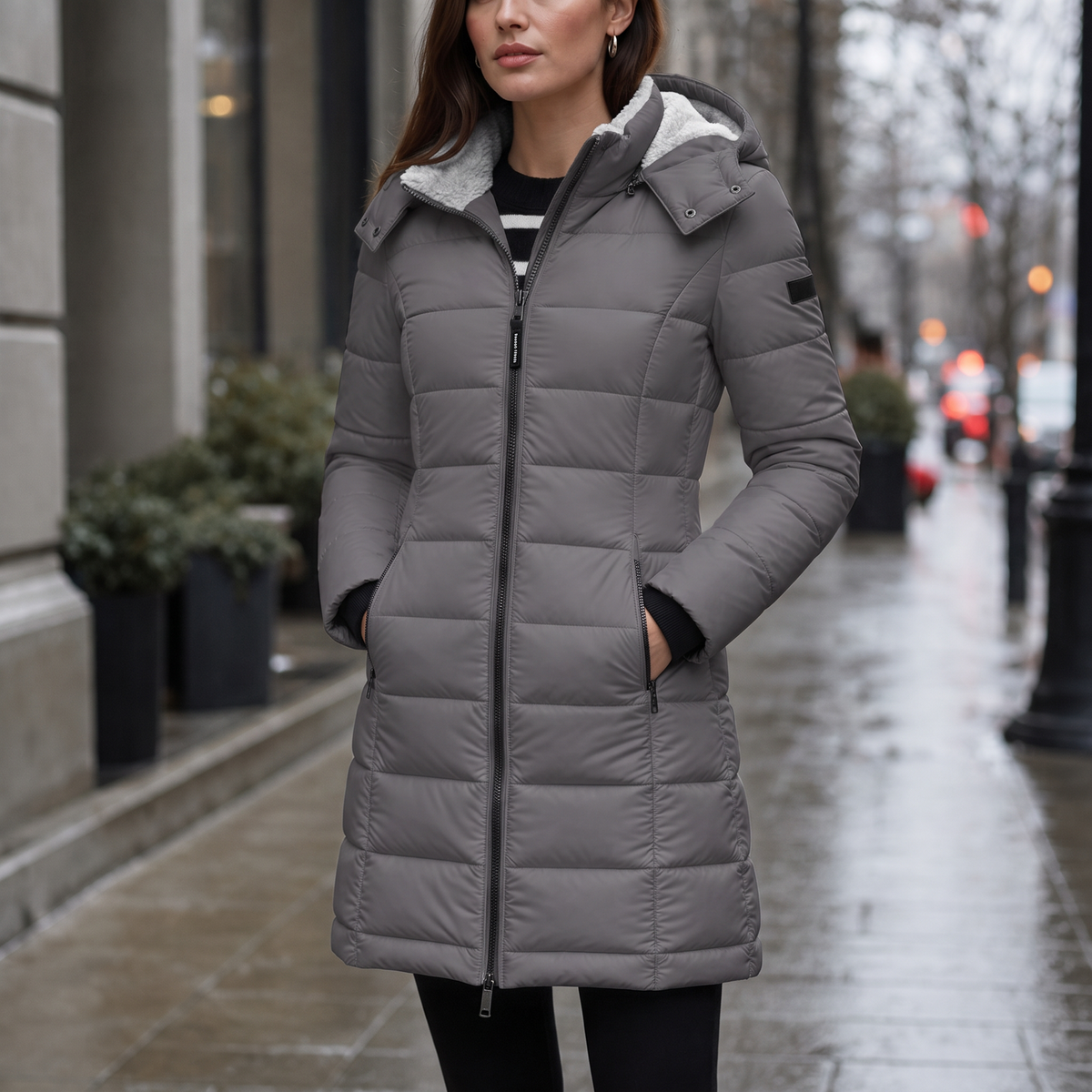 Doudoune mi-longue matelassée à capuche pour femme, Veste longue élégante et chaude