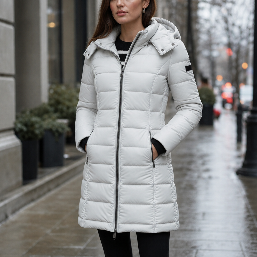 Doudoune mi-longue matelassée à capuche pour femme, Veste longue élégante et chaude