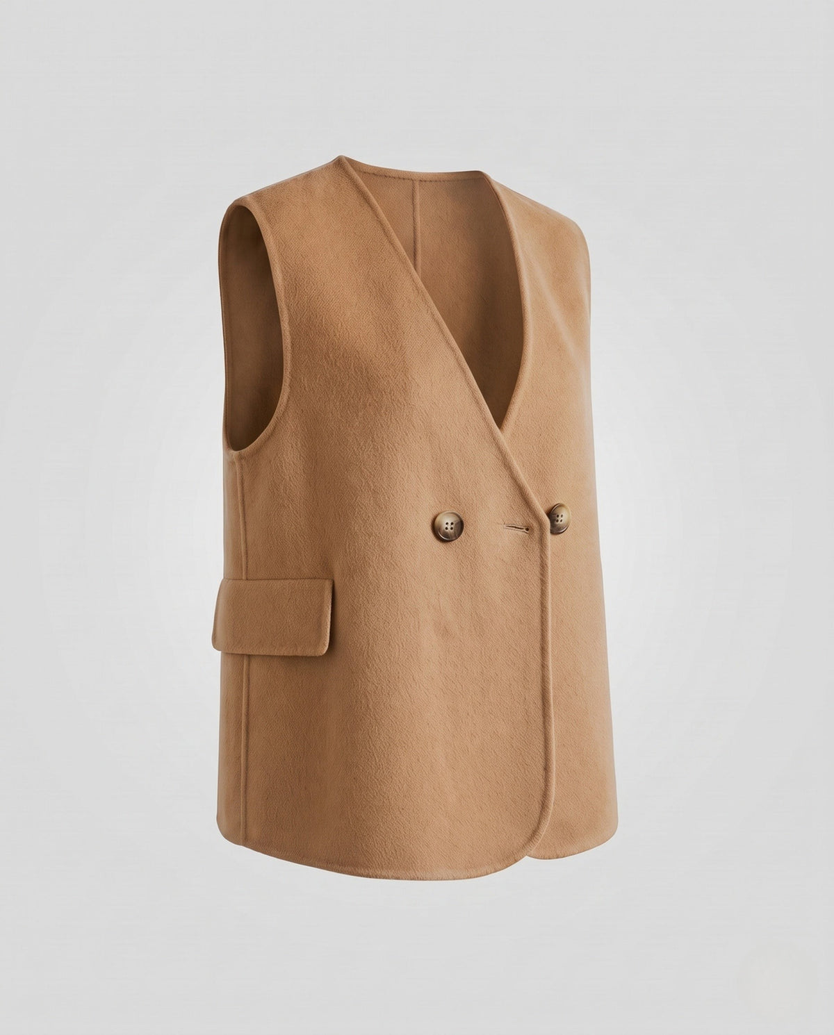 Gilet croisé sans manches en mélange de laine pour femme, avec poches plaquées et bas arrondi