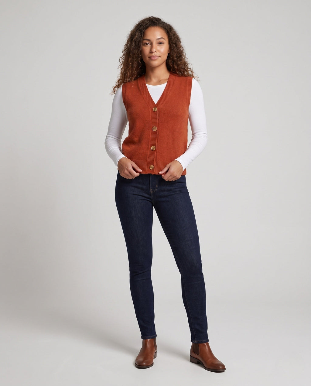 Gilet femme sans manches en maille de laine mélangée avec col en V et patte de boutonnage