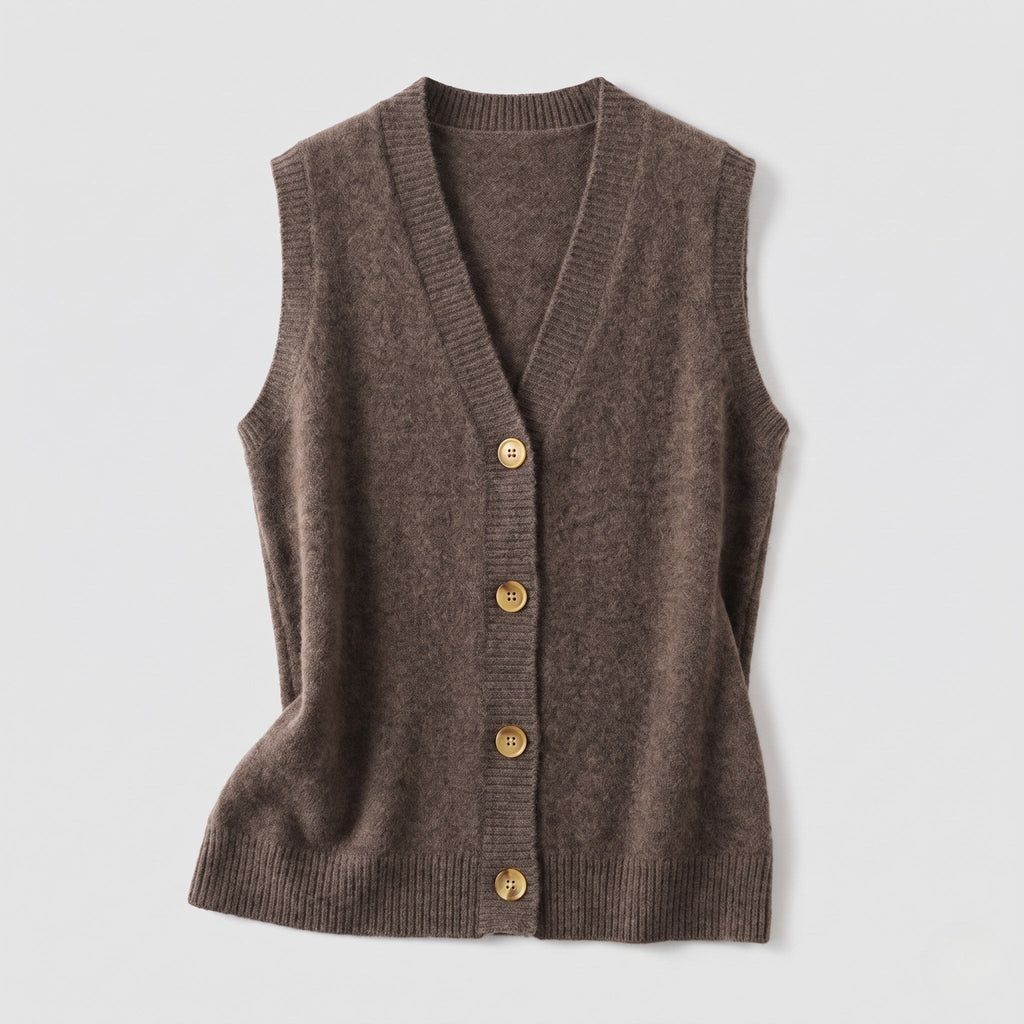 Gilet femme sans manches en maille de laine mélangée avec col en V et patte de boutonnage