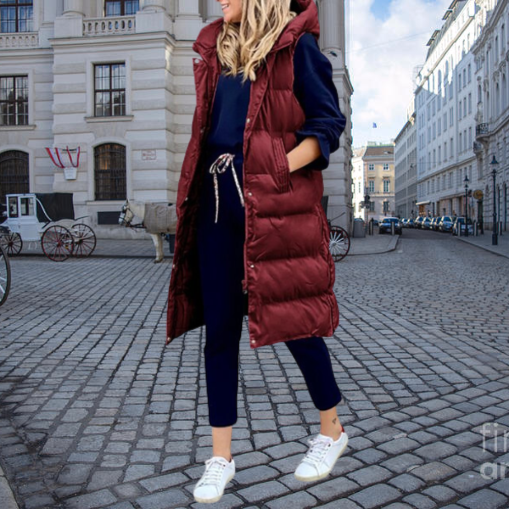 Gilet long rembourré à capuche et poches, veste sans manche femme