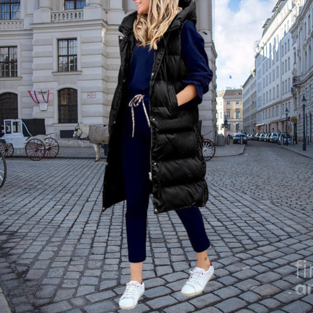 Gilet long rembourré à capuche et poches, veste sans manche femme