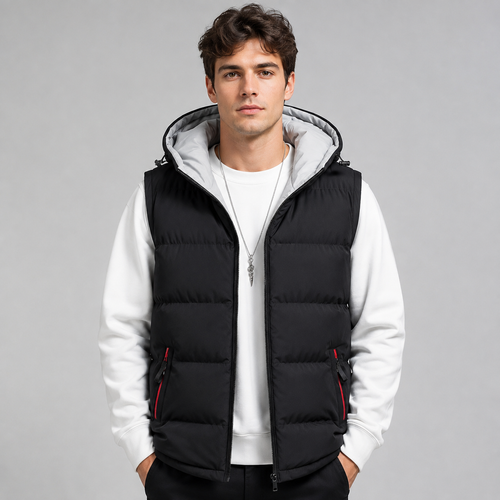 Gilet matelassé à capuche sans manches pour homme, Fermeture zippée