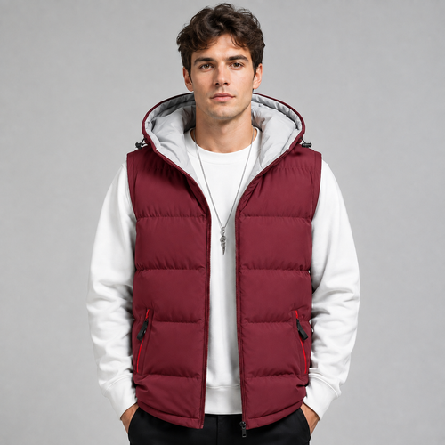 Gilet matelassé à capuche sans manches pour homme, Fermeture zippée