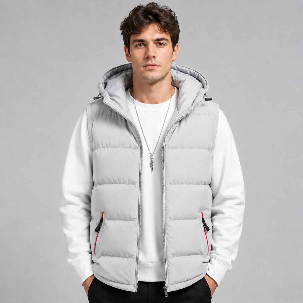 Gilet matelassé à capuche sans manches pour homme, Fermeture zippée