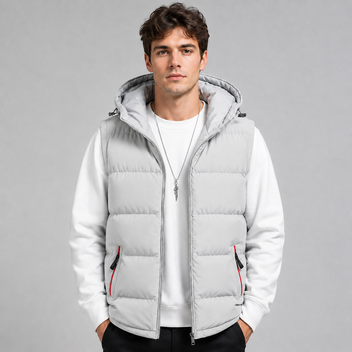 Gilet matelassé à capuche sans manches pour homme, Fermeture zippée