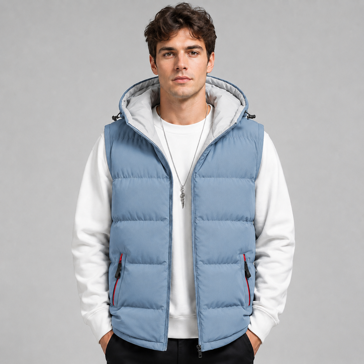 Gilet matelassé à capuche sans manches pour homme, Fermeture zippée