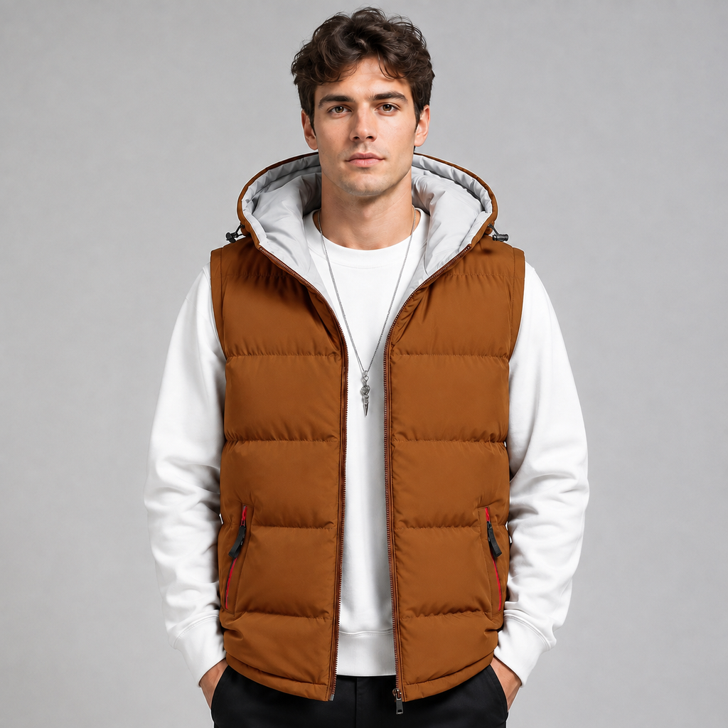 Gilet matelassé à capuche sans manches pour homme, Fermeture zippée